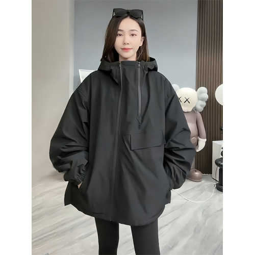 黑色連帽加棉加厚工裝風衣外套女秋冬新款休閒寬松夾克時尚沖鋒衣