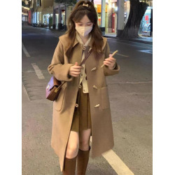 大衣2023年新款加厚秋冬季毛呢小個子風衣牛角釦外套中長款高級感