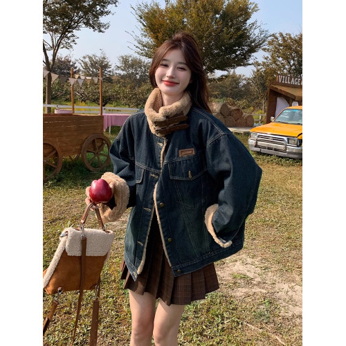 美式復古羊羔牛仔棉衣外套2025新款高級羊羔絨休閒中長款夾克棉服 美式復古羊羔牛仔棉衣外套2025新款高級羊羔絨休閒中長款夾克棉服