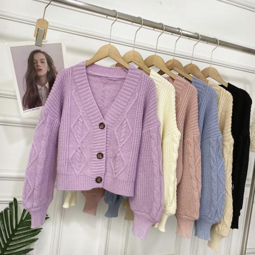 甜美V領麻花紋理單排釦針織衫2023秋冬新款百搭寬松長袖毛衣外套 甜美V領麻花紋理單排釦針織衫2023秋冬新款百搭寬松長袖毛衣外套