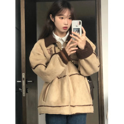 美拉德穿搭拼接設計感棉服女冬季加厚高級感復古羊羔毛棉衣外套潮