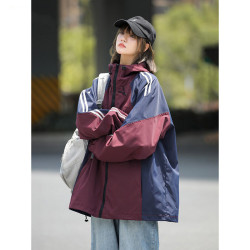 minette男女防水沖鋒衣學生拼色寬松休閒夾克外套連帽保暖登山服