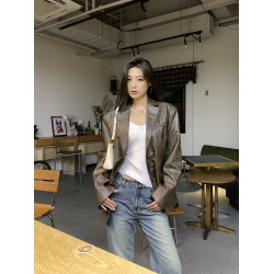 美拉德皮衣穿搭2025早春秋季新款棕色美式復古氣質西裝pu皮外套女