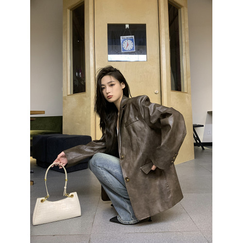 美拉德皮衣穿搭2025早春秋季新款棕色美式復古氣質西裝pu皮外套女 美拉德皮衣穿搭2025早春秋季新款棕色美式復古氣質西裝pu皮外套女