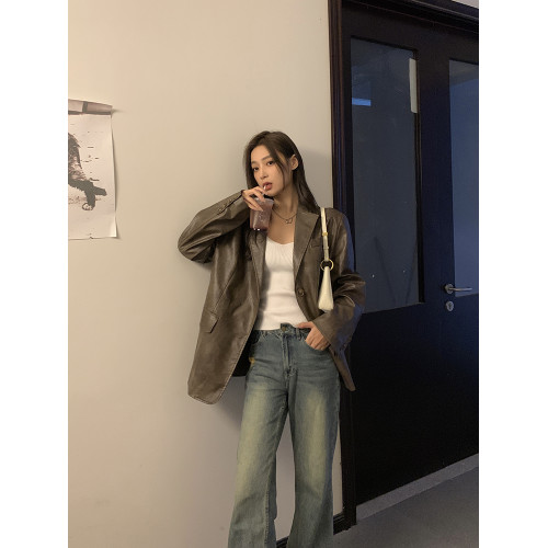 美拉德皮衣穿搭2025早春秋季新款棕色美式復古氣質西裝pu皮外套女 美拉德皮衣穿搭2025早春秋季新款棕色美式復古氣質西裝pu皮外套女