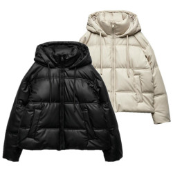 ZA家秋冬新款女裝仿皮短款連帽拉鍊保暖棉服夾克外套 3046225 712