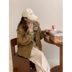 高級感超好看工裝格子棉服外套今年流行的寬松棉襖棉衣夾棉上衣潮