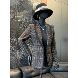 品諾狐2025韓版黑色粗織花呢上衣春秋新款優雅收腰顯瘦花邊格外套