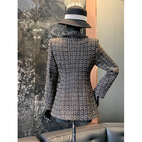 品諾狐2025韓版黑色粗織花呢上衣春秋新款優雅收腰顯瘦花邊格外套 品諾狐2025韓版黑色粗織花呢上衣春秋新款優雅收腰顯瘦花邊格外套