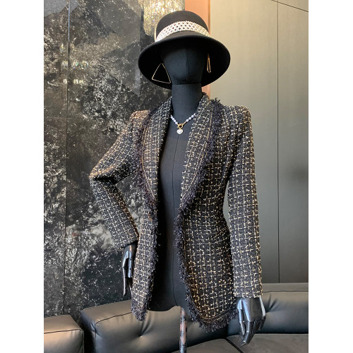 品諾狐2025韓版黑色粗織花呢上衣春秋新款優雅收腰顯瘦花邊格外套 品諾狐2025韓版黑色粗織花呢上衣春秋新款優雅收腰顯瘦花邊格外套