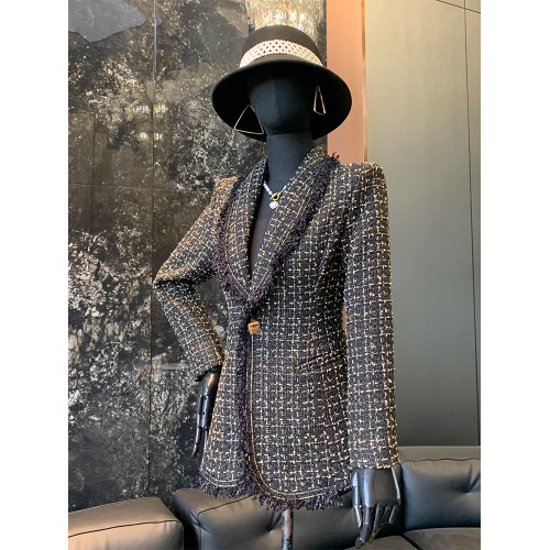 品諾狐2025韓版黑色粗織花呢上衣春秋新款優雅收腰顯瘦花邊格外套 品諾狐2025韓版黑色粗織花呢上衣春秋新款優雅收腰顯瘦花邊格外套