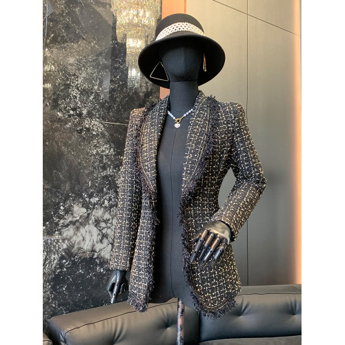 品諾狐2025韓版黑色粗織花呢上衣春秋新款優雅收腰顯瘦花邊格外套 品諾狐2025韓版黑色粗織花呢上衣春秋新款優雅收腰顯瘦花邊格外套