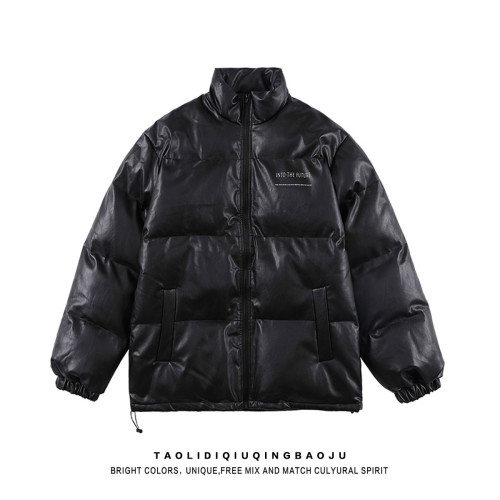 逃離地球字母PU皮立領棉服外套女潮牌2025冬情侶加厚保暖棉衣棉襖