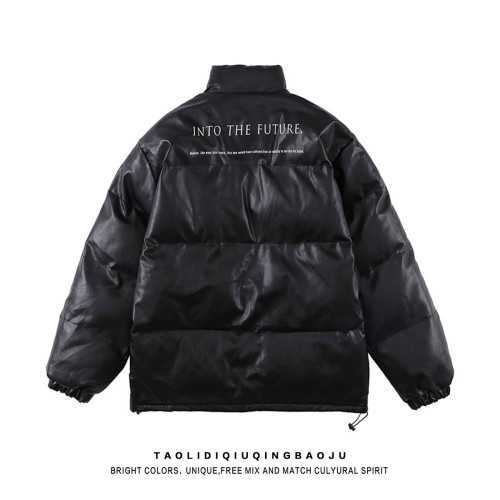 逃離地球字母PU皮立領棉服外套女潮牌2025冬情侶加厚保暖棉衣棉襖