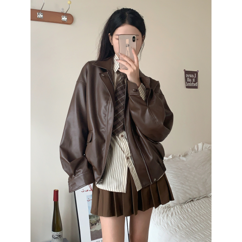 【桃喜】新款春秋美拉德短款皮衣外套男女棕色美式小個子加厚上衣 【桃喜】新款春秋美拉德短款皮衣外套男女棕色美式小個子加厚上衣