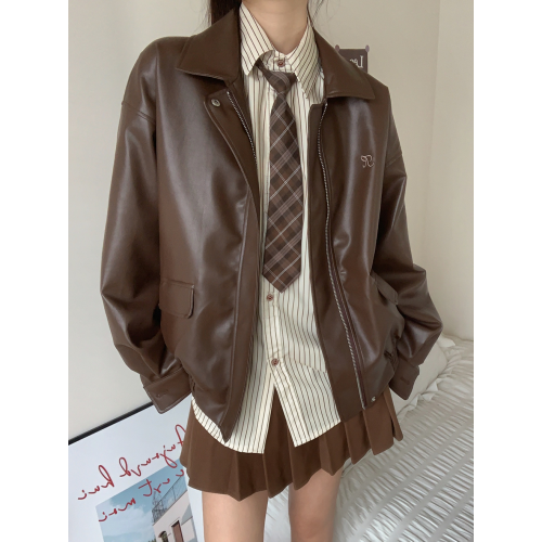 【桃喜】新款春秋美拉德短款皮衣外套男女棕色美式小個子加厚上衣 【桃喜】新款春秋美拉德短款皮衣外套男女棕色美式小個子加厚上衣