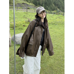 皮衣女外套2025新款秋冬季加厚復古棕色夾克機車美拉德小個子