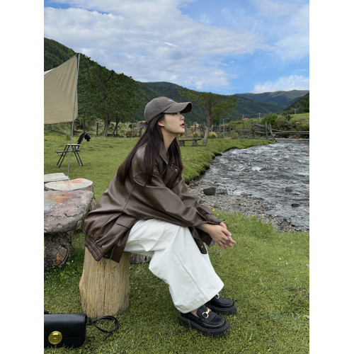 皮衣女外套2025新款秋冬季加厚復古棕色夾克機車美拉德小個子 皮衣女外套2025新款秋冬季加厚復古棕色夾克機車美拉德小個子