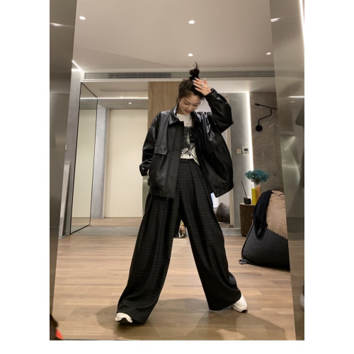 秋冬加絨港風復古休閒寬松廓形酷帥潮黑色拉鍊機車皮衣夾克外套女 秋冬加絨港風復古休閒寬松廓形酷帥潮黑色拉鍊機車皮衣夾克外套女