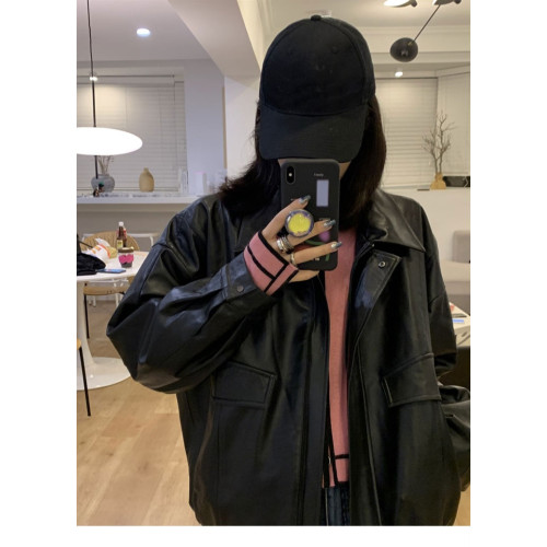 秋冬加絨港風復古休閒寬松廓形酷帥潮黑色拉鍊機車皮衣夾克外套女 秋冬加絨港風復古休閒寬松廓形酷帥潮黑色拉鍊機車皮衣夾克外套女