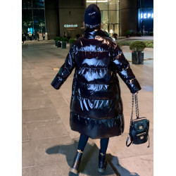 黑色亮面顯瘦羽絨棉服女中長款加厚棉衣冬季側拉鍊寬松麵包服外套