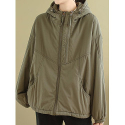 文藝休閒純色夾棉連帽棉襖女冬季時尚拉鍊加厚保暖抽繩棉服短外套