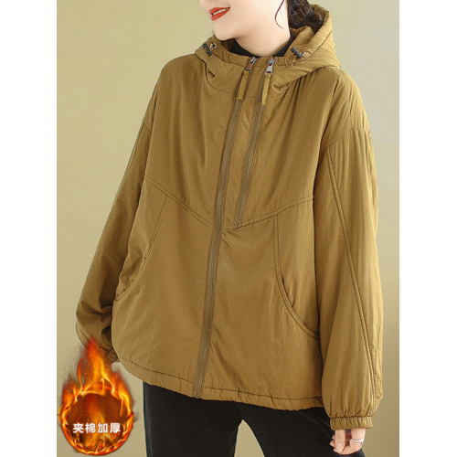 文藝休閒純色夾棉連帽棉襖女冬季時尚拉鍊加厚保暖抽繩棉服短外套 文藝休閒純色夾棉連帽棉襖女冬季時尚拉鍊加厚保暖抽繩棉服短外套