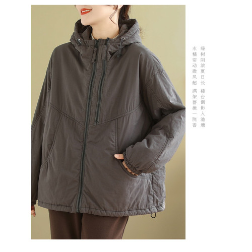 文藝休閒純色夾棉連帽棉襖女冬季時尚拉鍊加厚保暖抽繩棉服短外套 文藝休閒純色夾棉連帽棉襖女冬季時尚拉鍊加厚保暖抽繩棉服短外套