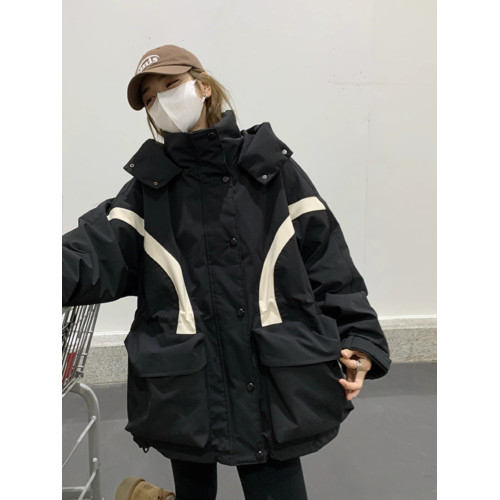 撞色沖鋒衣羽絨服女2024新款冬季韓版設計感棉服工裝百搭連帽外套 撞色沖鋒衣羽絨服女2024新款冬季韓版設計感棉服工裝百搭連帽外套