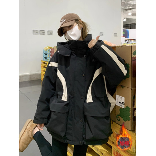 撞色沖鋒衣羽絨服女2024新款冬季韓版設計感棉服工裝百搭連帽外套 撞色沖鋒衣羽絨服女2024新款冬季韓版設計感棉服工裝百搭連帽外套
