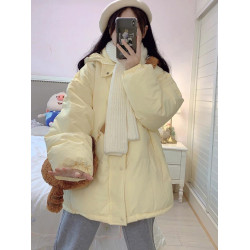 2025冬季新款奶黃色連帽拉鍊外套加厚麵包服保暖慵懶風棉衣棉服女