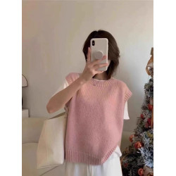 軟糯藍色圓領羊絨馬甲背心女春秋冬寬松短款針織曡穿大碼羊毛坎肩