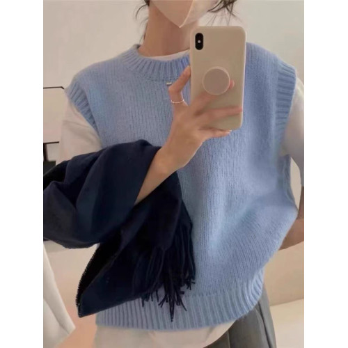 軟糯藍色圓領羊絨馬甲背心女春秋冬寬松短款針織曡穿大碼羊毛坎肩 軟糯藍色圓領羊絨馬甲背心女春秋冬寬松短款針織曡穿大碼羊毛坎肩