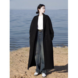 黑色雙面羊絨大衣女加長版175高個子到腳踝高級感秋冬季毛呢外套