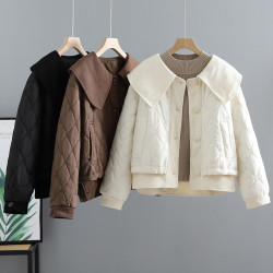 短款小香風娃娃領棉衣女2024秋冬季新款韓版寬松百搭菱格棉服外套