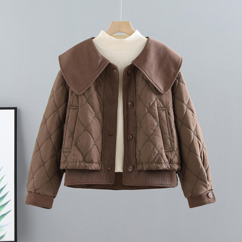 短款小香風娃娃領棉衣女2024秋冬季新款韓版寬松百搭菱格棉服外套 短款小香風娃娃領棉衣女2024秋冬季新款韓版寬松百搭菱格棉服外套