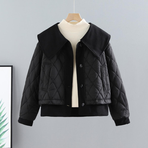 短款小香風娃娃領棉衣女2024秋冬季新款韓版寬松百搭菱格棉服外套 短款小香風娃娃領棉衣女2024秋冬季新款韓版寬松百搭菱格棉服外套