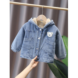 男小童加絨牛仔外套冬裝2023新款男寶寶休閒加厚棉衣韓版連帽夾克