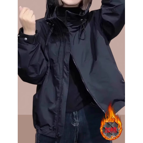 沖鋒衣女士2025春秋季新款爆款連帽短外套小個子加絨加厚夾克上衣 沖鋒衣女士2025春秋季新款爆款連帽短外套小個子加絨加厚夾克上衣