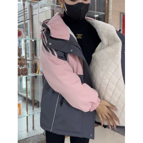 沖鋒衣連帽拼色加絨加厚外套女2025冬季新款韓版休閒保暖派克服潮 沖鋒衣連帽拼色加絨加厚外套女2025冬季新款韓版休閒保暖派克服潮