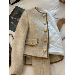 秋冬新款拼皮設計金釦小香風保暖外套女百搭圓領顯瘦氣質呢子大衣