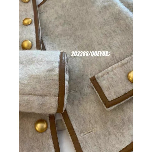 秋冬新款拼皮設計金釦小香風保暖外套女百搭圓領顯瘦氣質呢子大衣