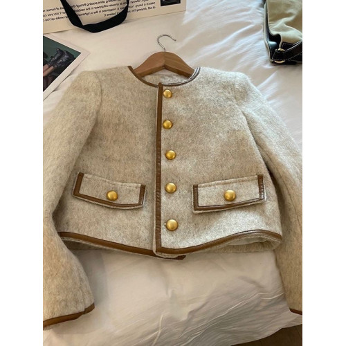 秋冬新款拼皮設計金釦小香風保暖外套女百搭圓領顯瘦氣質呢子大衣