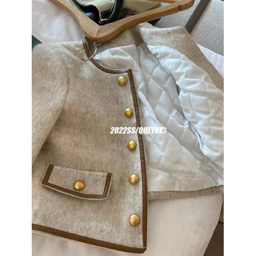 秋冬新款拼皮設計金釦小香風保暖外套女百搭圓領顯瘦氣質呢子大衣