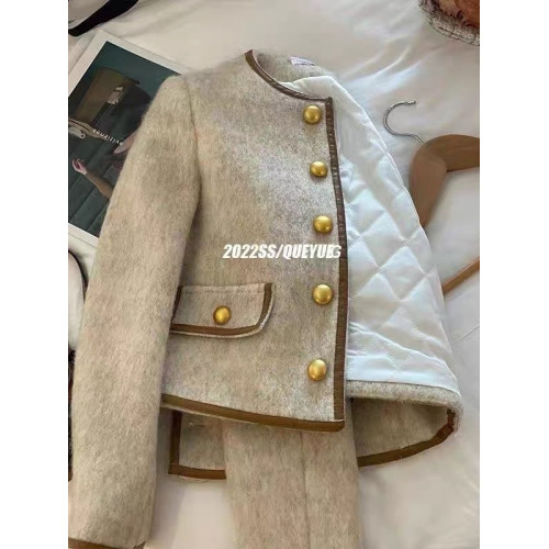 秋冬新款拼皮設計金釦小香風保暖外套女百搭圓領顯瘦氣質呢子大衣