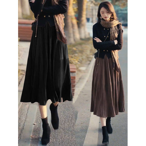 絲絨百褶半身裙女2025新款秋冬款加厚大擺裙高腰顯瘦a字裙長裙子