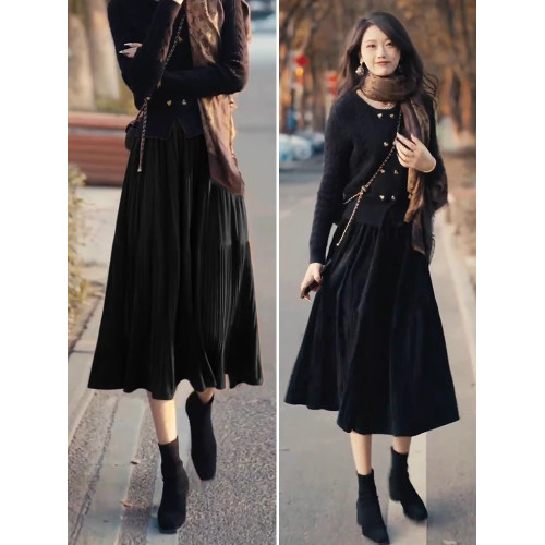 絲絨百褶半身裙女2025新款秋冬款加厚大擺裙高腰顯瘦a字裙長裙子