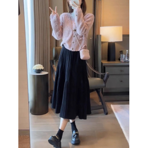 絲絨百褶半身裙女2025新款秋冬款加厚大擺裙高腰顯瘦a字裙長裙子