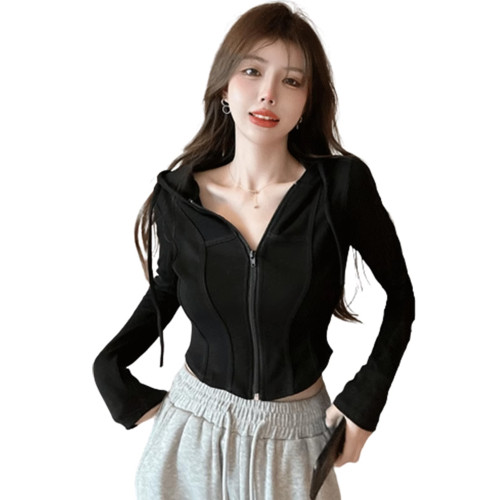 2025新款秋季女裝連帽針織開衫黑色辣妹短款毛衣小個子外套上衣春 2025新款秋季女裝連帽針織開衫黑色辣妹短款毛衣小個子外套上衣春