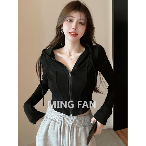 2025新款秋季女裝連帽針織開衫黑色辣妹短款毛衣小個子外套上衣春 2025新款秋季女裝連帽針織開衫黑色辣妹短款毛衣小個子外套上衣春